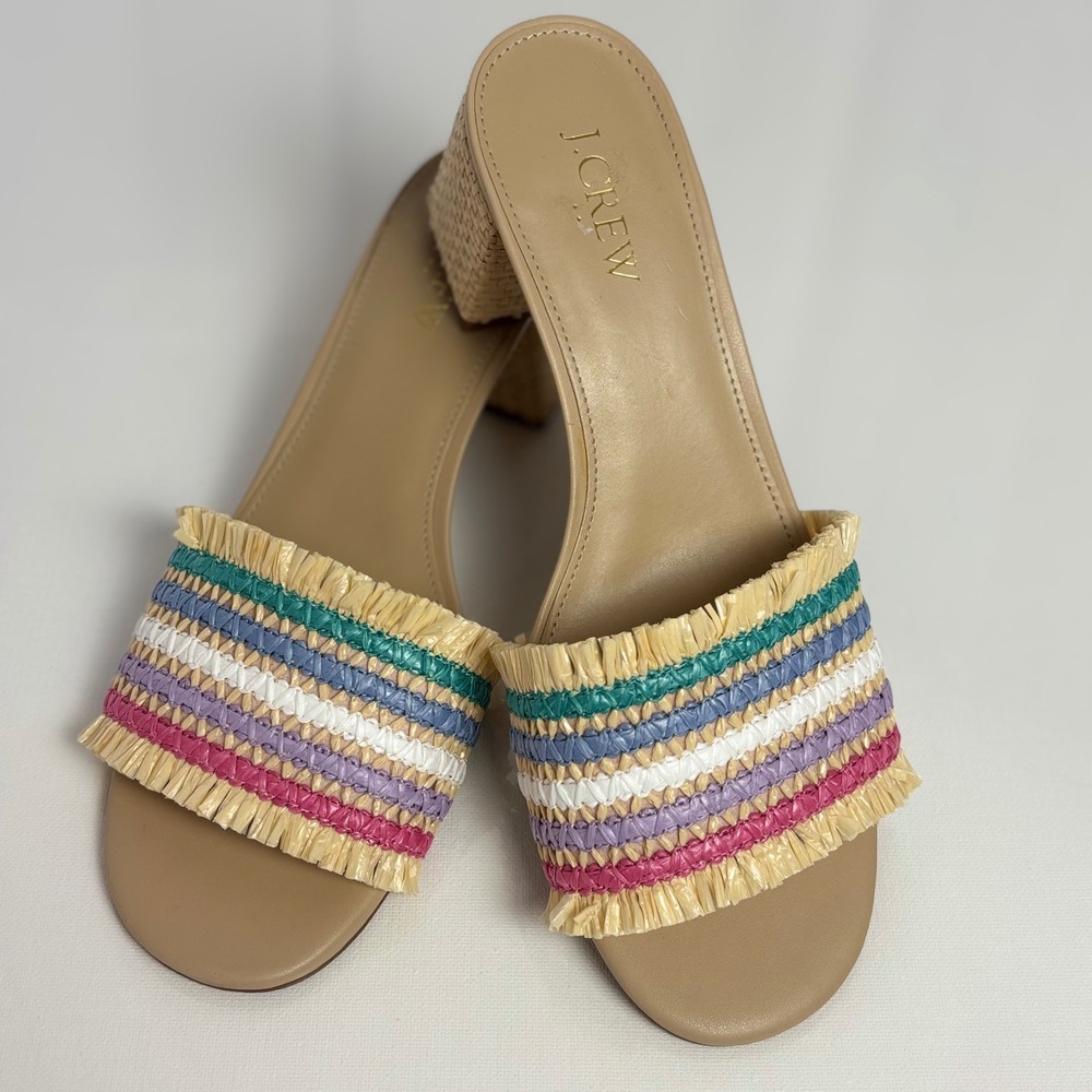J. Crew Striped Raffia Block Heel Slide Sandals Women's‎ Size 8 Rainbow Festive - Picture 4 of 7